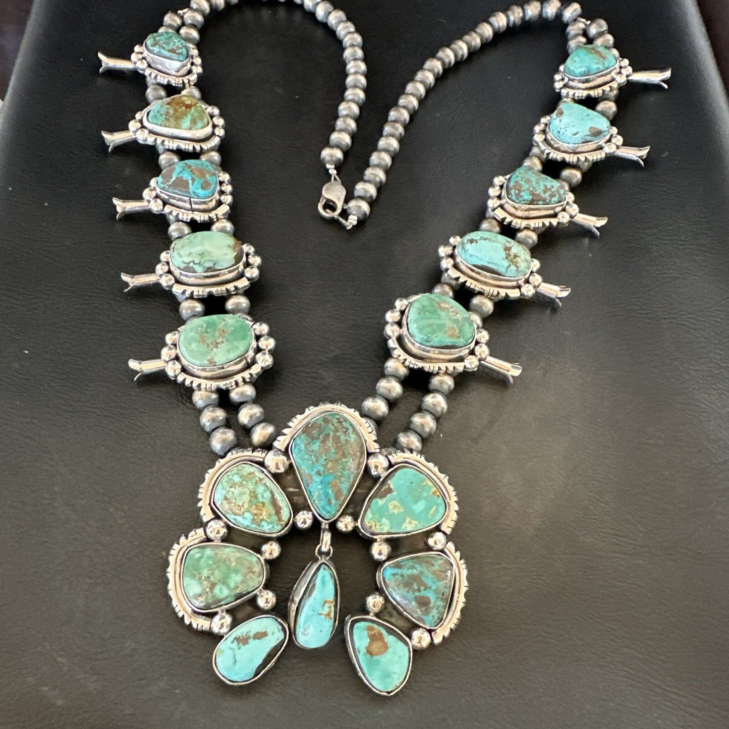 Green Royston Turquoise Navajo Squash Sterling Silver Naja Necklace 18236