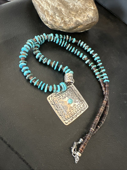 Navajo Blue Turquoise Stamped Pendant Shell Sterling Silver 25” Necklace 19709