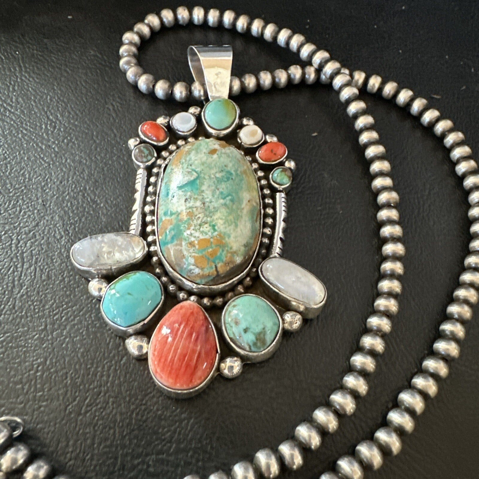 XL Royston Turquoise Spiny Cluster Pendant Navajo Sterling Silver Necklace 18750