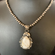 Men White Buffalo Turquoise Pendant Beads Necklace 12665N | Sterling Silver | Authentic Native American Handmade
