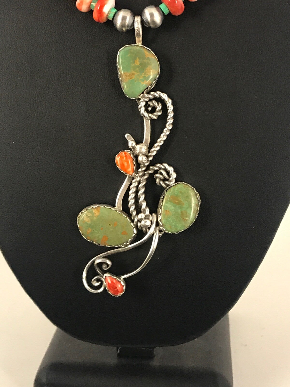 Green Turquoise, Spiny Oyster Pendant Sterling Silver Beads Necklace 8486