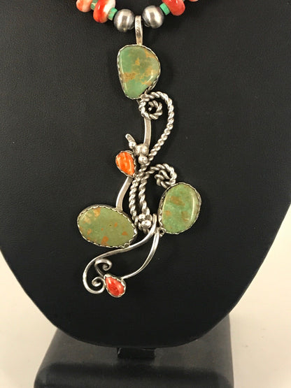 Green Turquoise, Spiny Oyster Pendant Sterling Silver Beads Necklace 8486