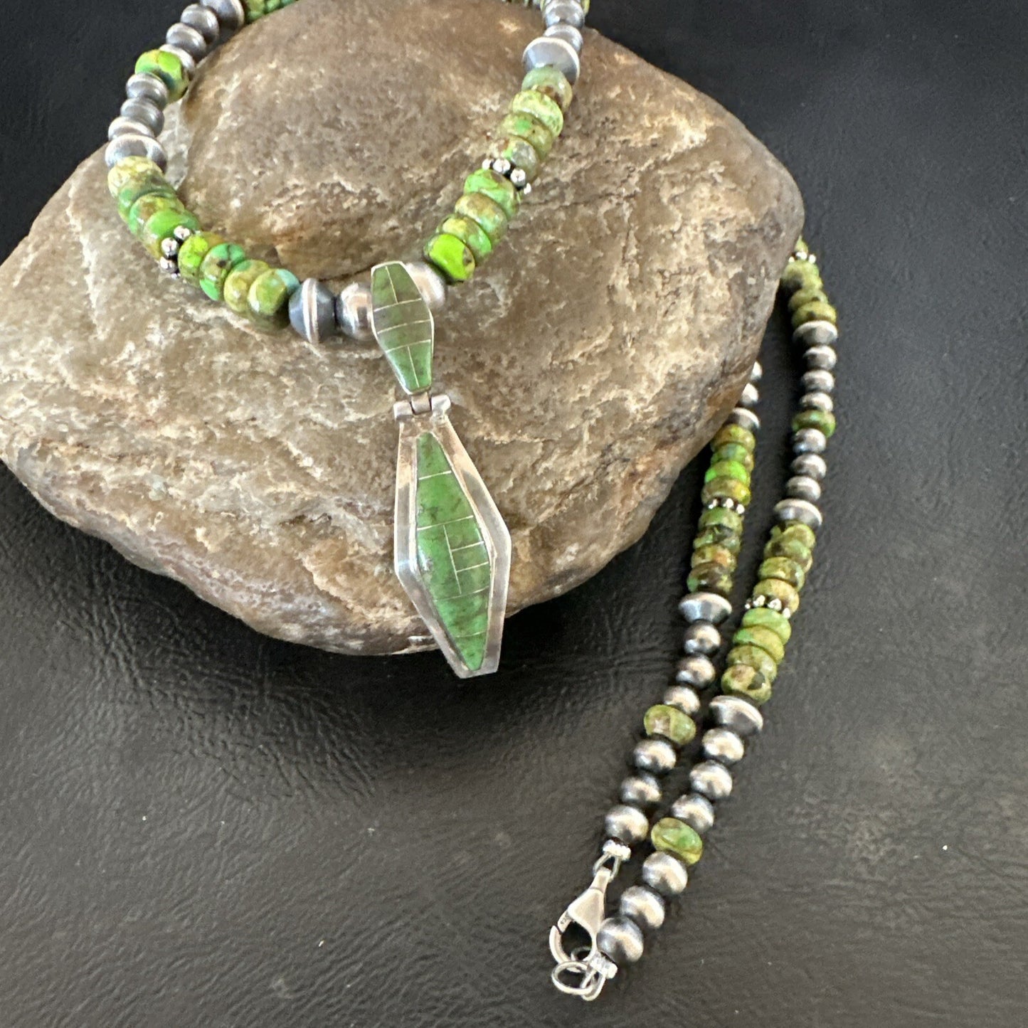 Womens Green Gaspeite Turquoise Pendant Navajo Sterling Silver Necklace 17881