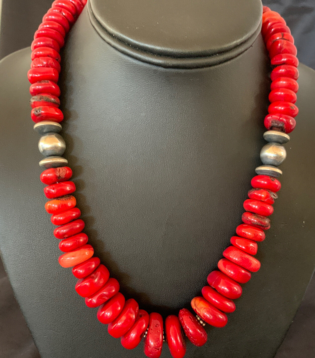 Native Navajo Graduated Red Coral Sterling Silver Bead 18" Necklace 11559