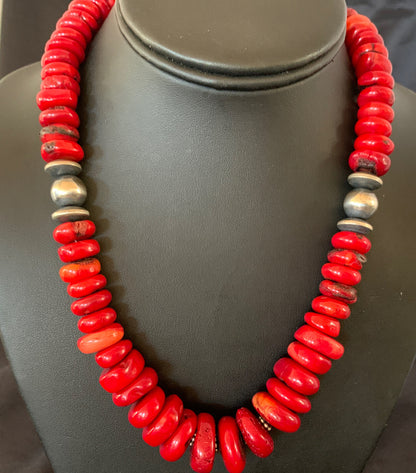Native Navajo Graduated Red Coral Sterling Silver Bead 18" Necklace 11559