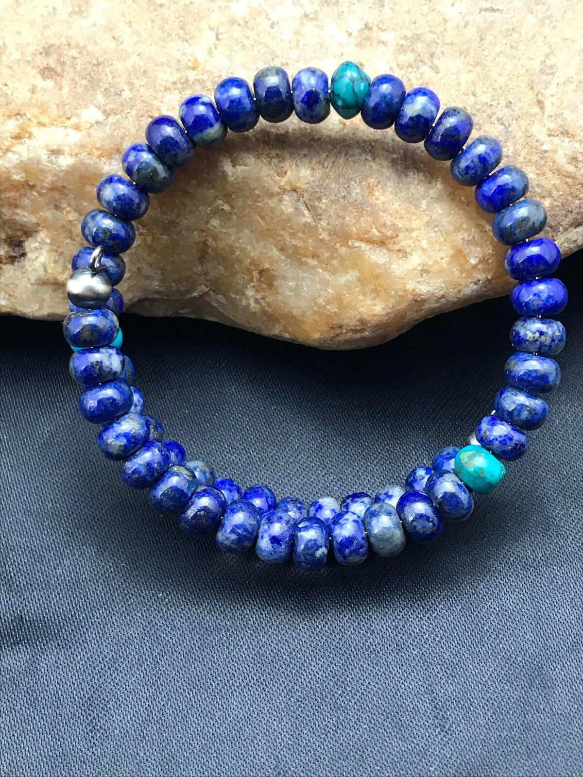 Lapis & Turquoise Bead Navajo Sterling Silver Bracelet 03260