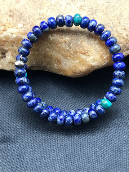 Lapis & Turquoise Bead Navajo Sterling Silver Bracelet 03260