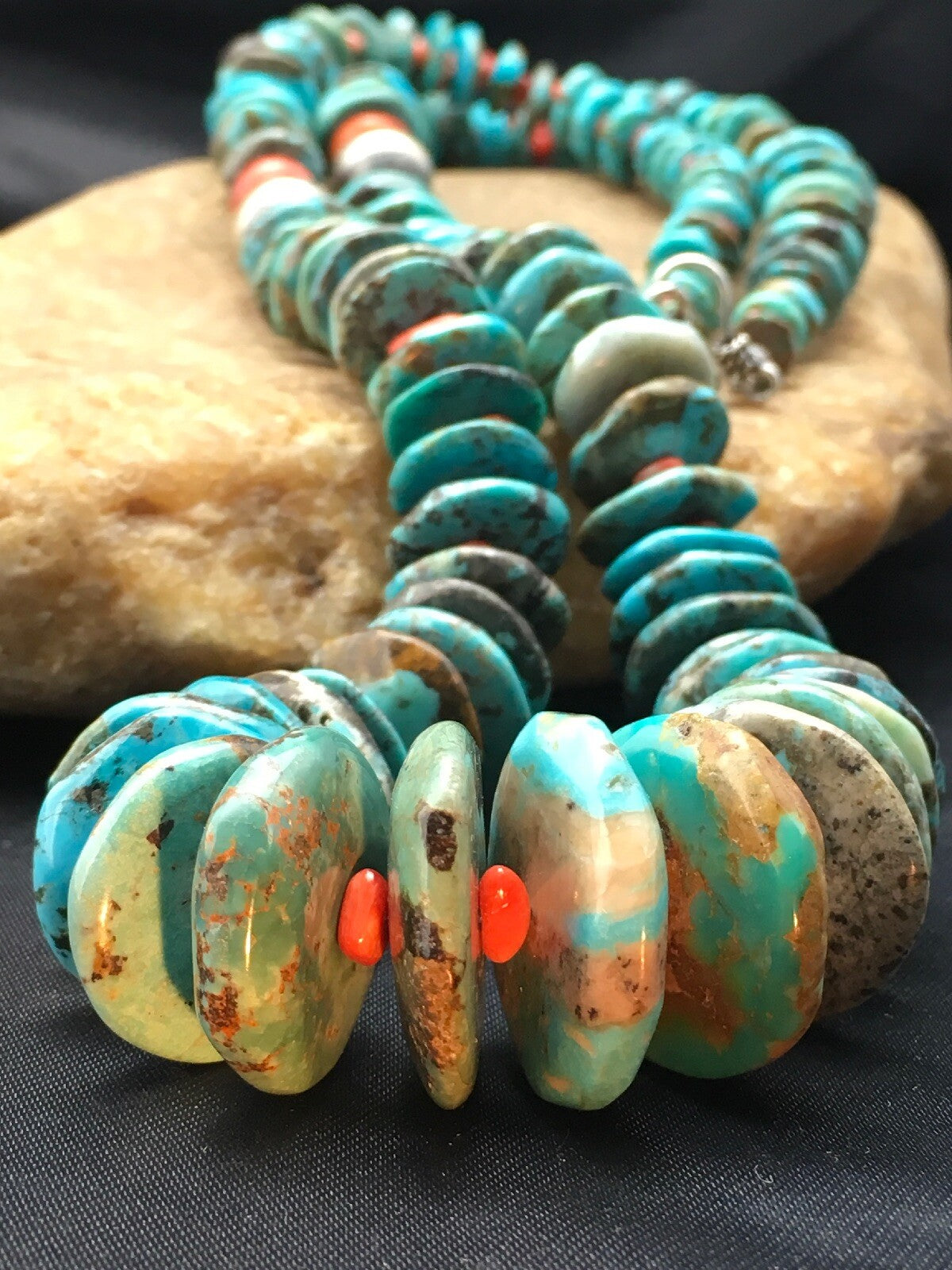 Turquoise & Spiny Oyster Graduated Navajo Sterling Silver Necklace 29" 04362