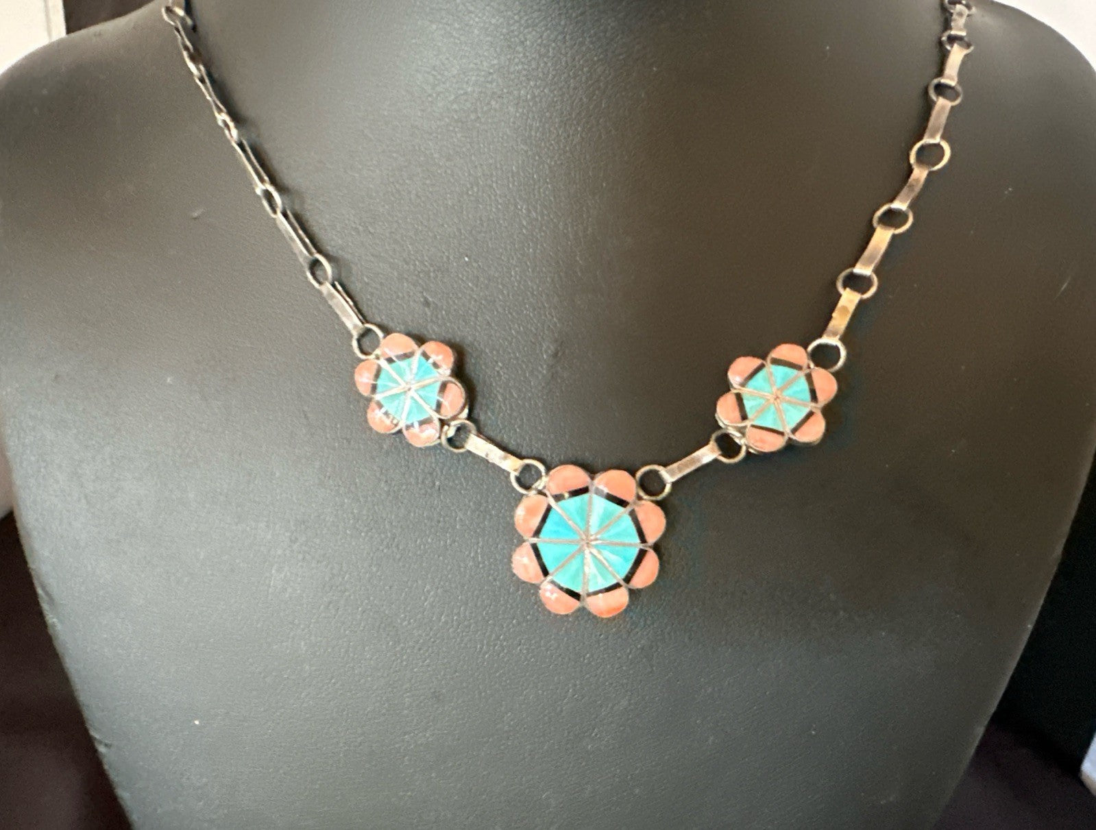 Pink Coral Turquoise Pendant Zuni Sterling Silver Old Pawn Necklace 22" 19143