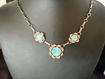 Pink Coral Turquoise Pendant Zuni Sterling Silver Old Pawn Necklace 22" 19143