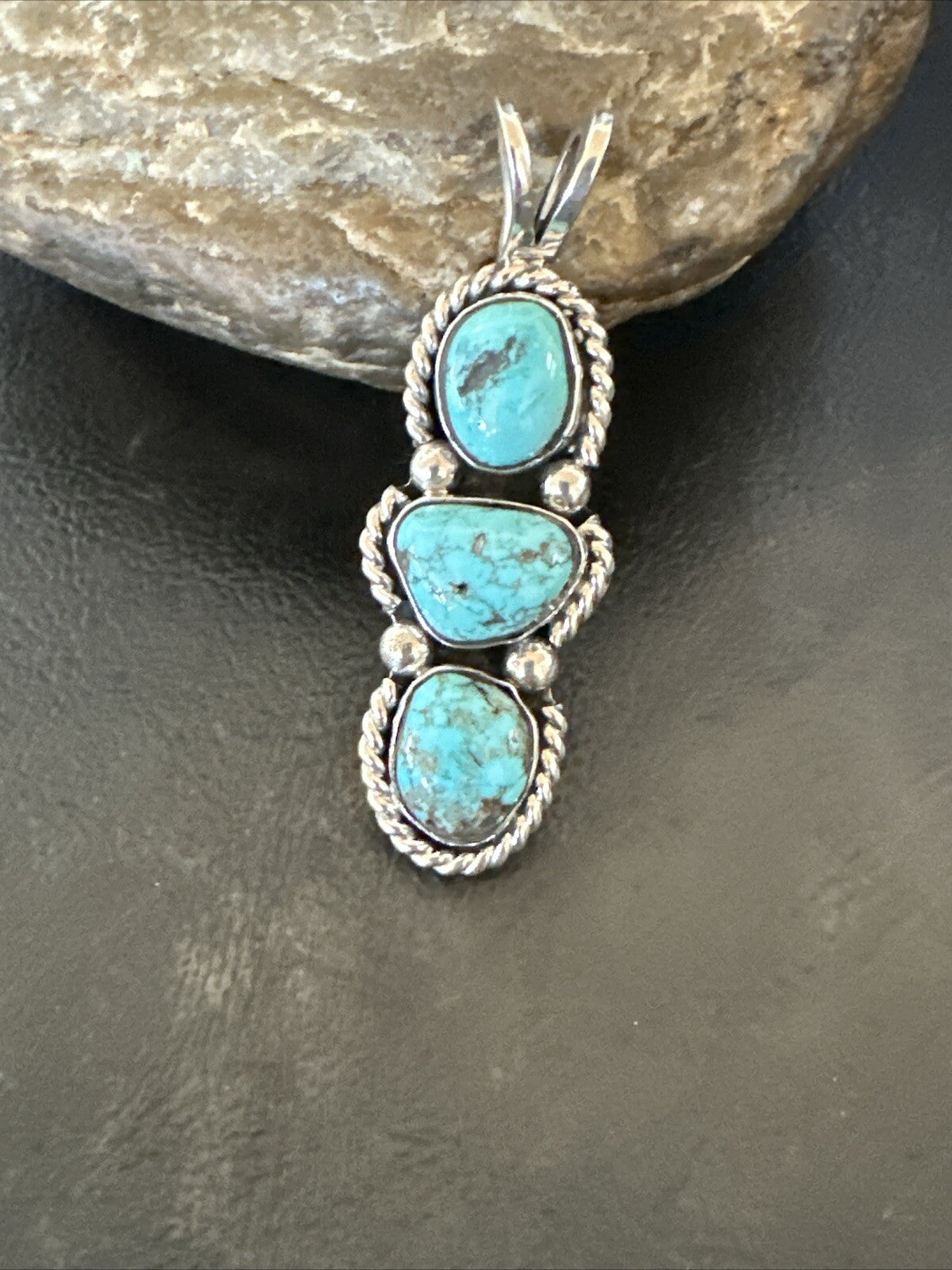 Blue Turquoise 3 Stone Navajo Sterling Silver Cluster Pendant Only 18312