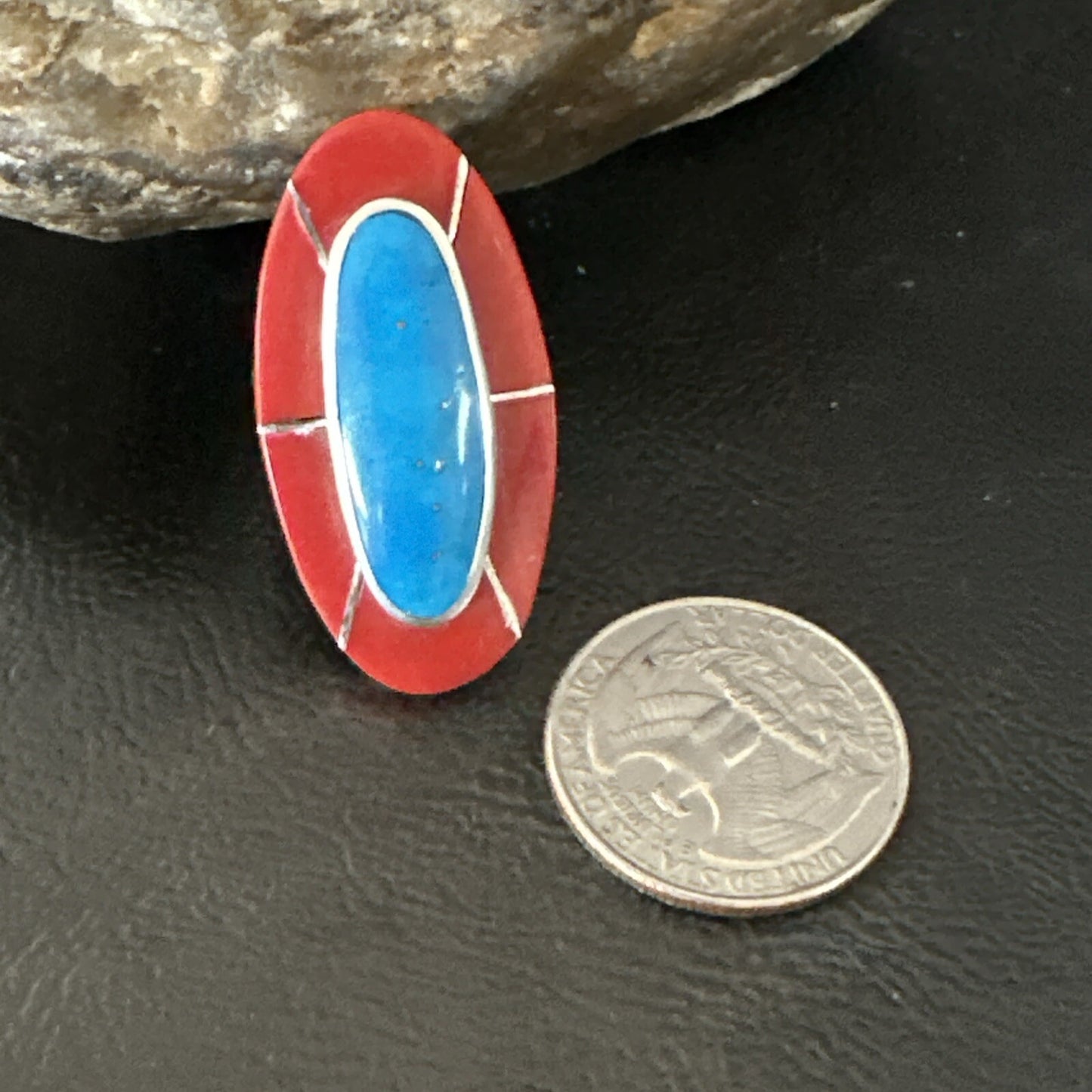Blue Turquoise Coral Navajo Sterling Silver Ring Size 7.5 18767