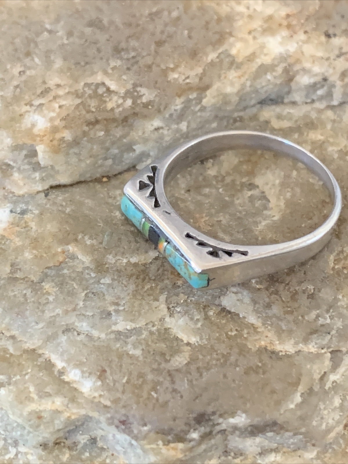 Turquoise & Onyx Navajo Sterling Silver Inlay Ring Size 6 11152