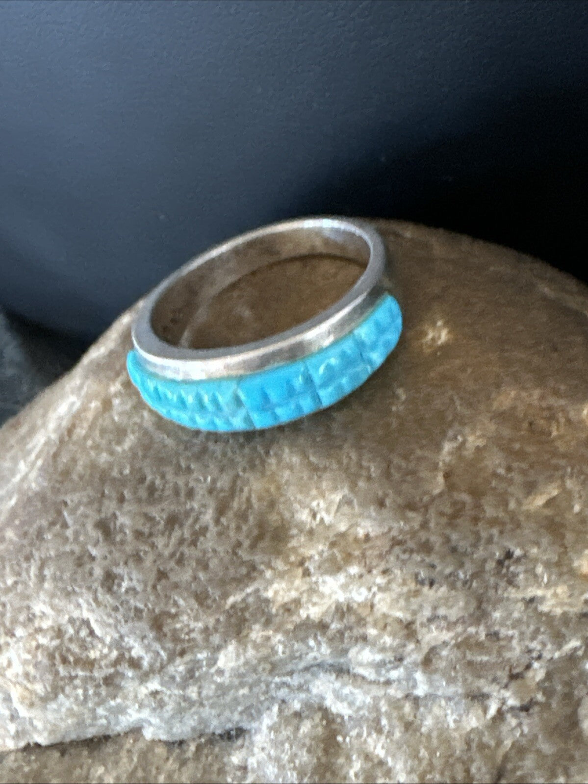 Blue Turquoise Navajo Sterling Silver Corn Inlay Band Ring Size 8.5 18815
