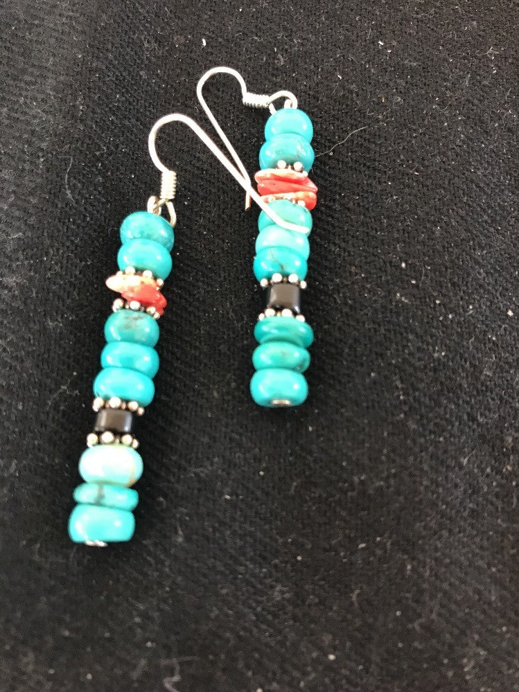 Blue Turquoise Red Spiny Oyster Sterling Silver Navajo Earrings