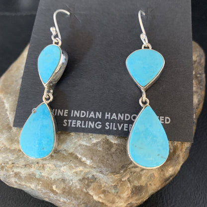Kingman Turquoise Handmade Navajo Sterling Silver Dangle Earrings 1.75" 13897