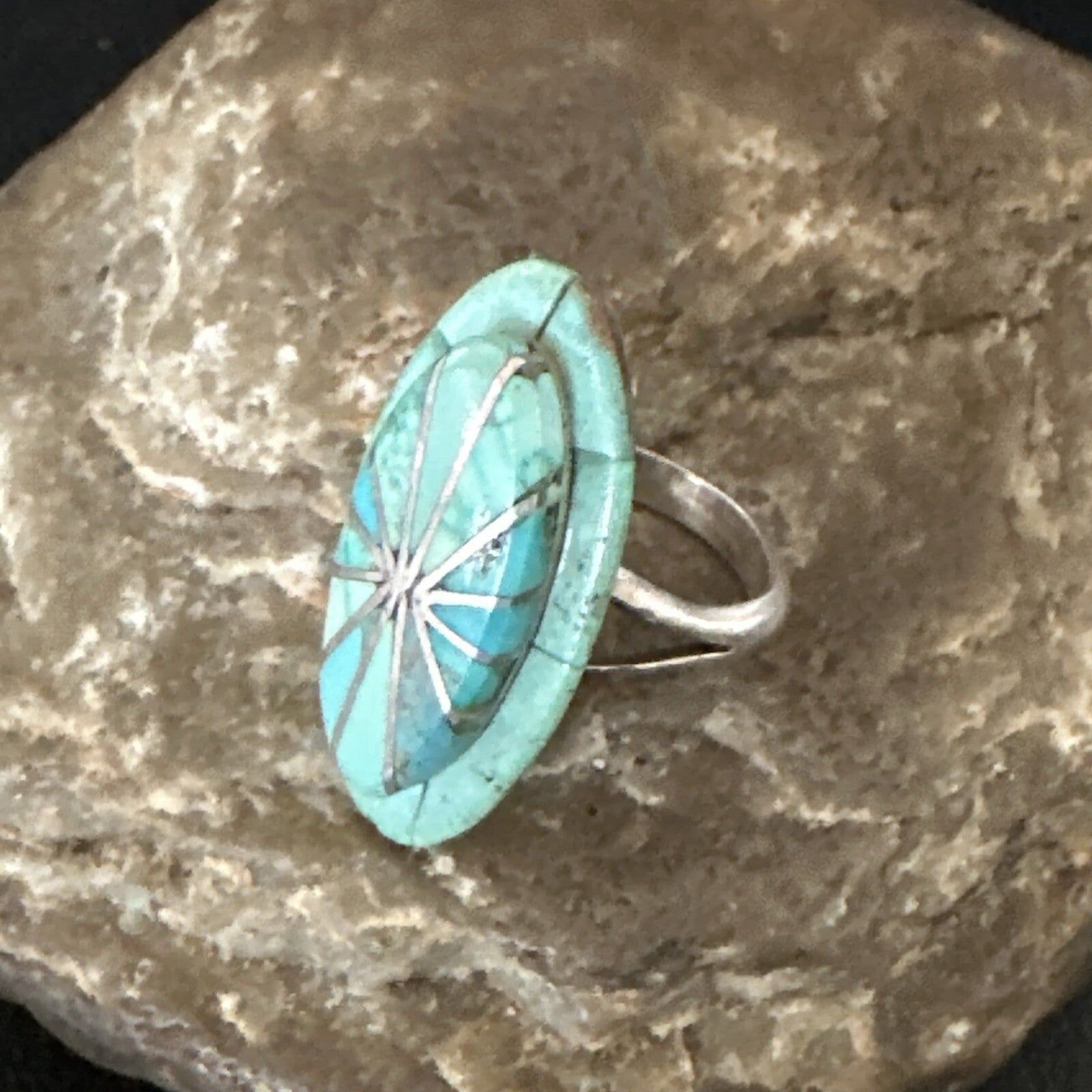 Native American Indian Navajo Blue Turquoise Inlay Band Ring Sz 7.5 18762