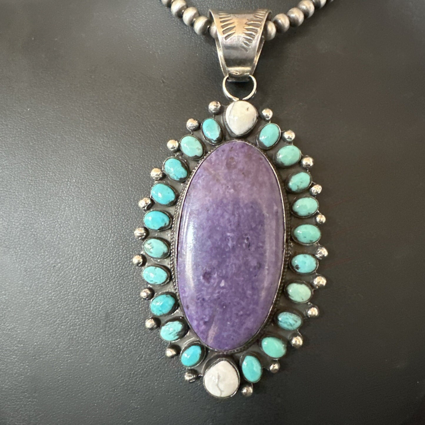 Purple Charoite Turquoise Navajo Sterling Silver Cluster Pendant 3.75" 18651