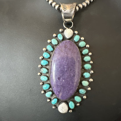 Purple Charoite Turquoise Navajo Sterling Silver Cluster Pendant 3.75" 18651