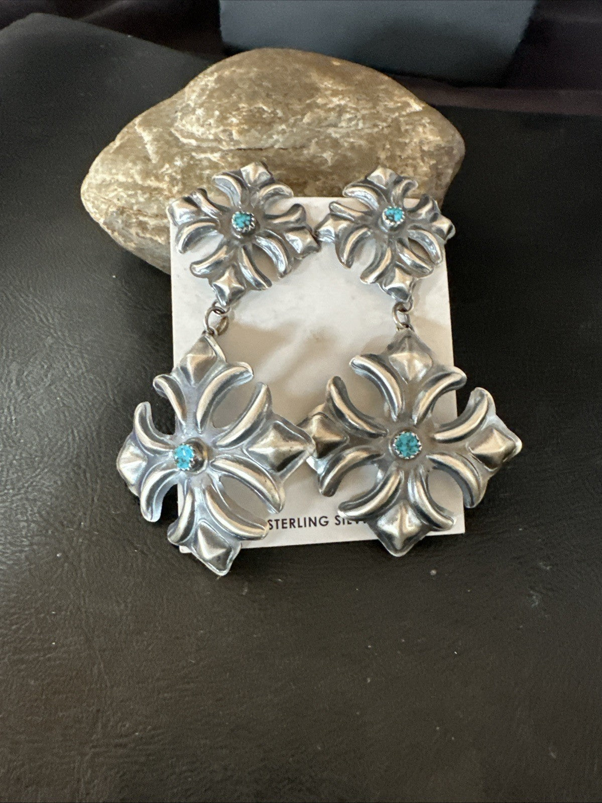 Womens Stamped Blue Turquoise Dangle Earrings Navajo Sterling Silver 19784