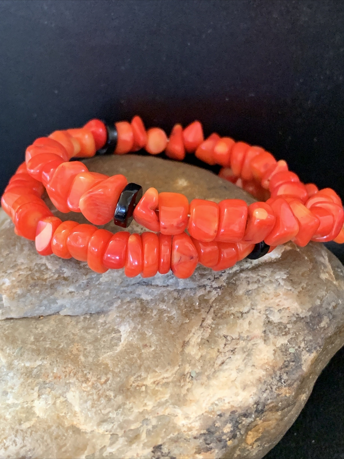Memory wire Stainless Steel Coral Onyx Bead Bracelet Sterling Silver 01955
