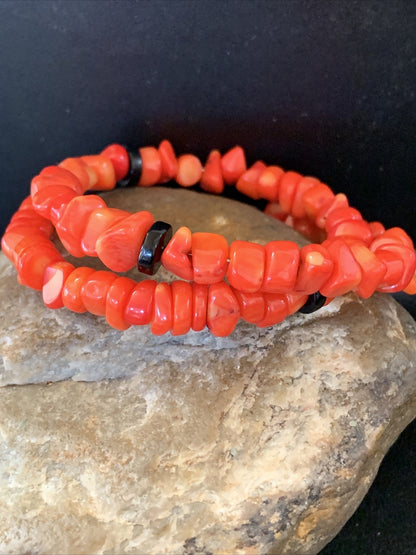Memory wire Stainless Steel Coral Onyx Bead Bracelet Sterling Silver 01955