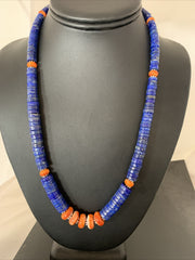 Men's Navajo Pava Blue Lapis Orange Spiny Oyster Necklace | Sterling Silver | Authentic Native American Handmade | 00929