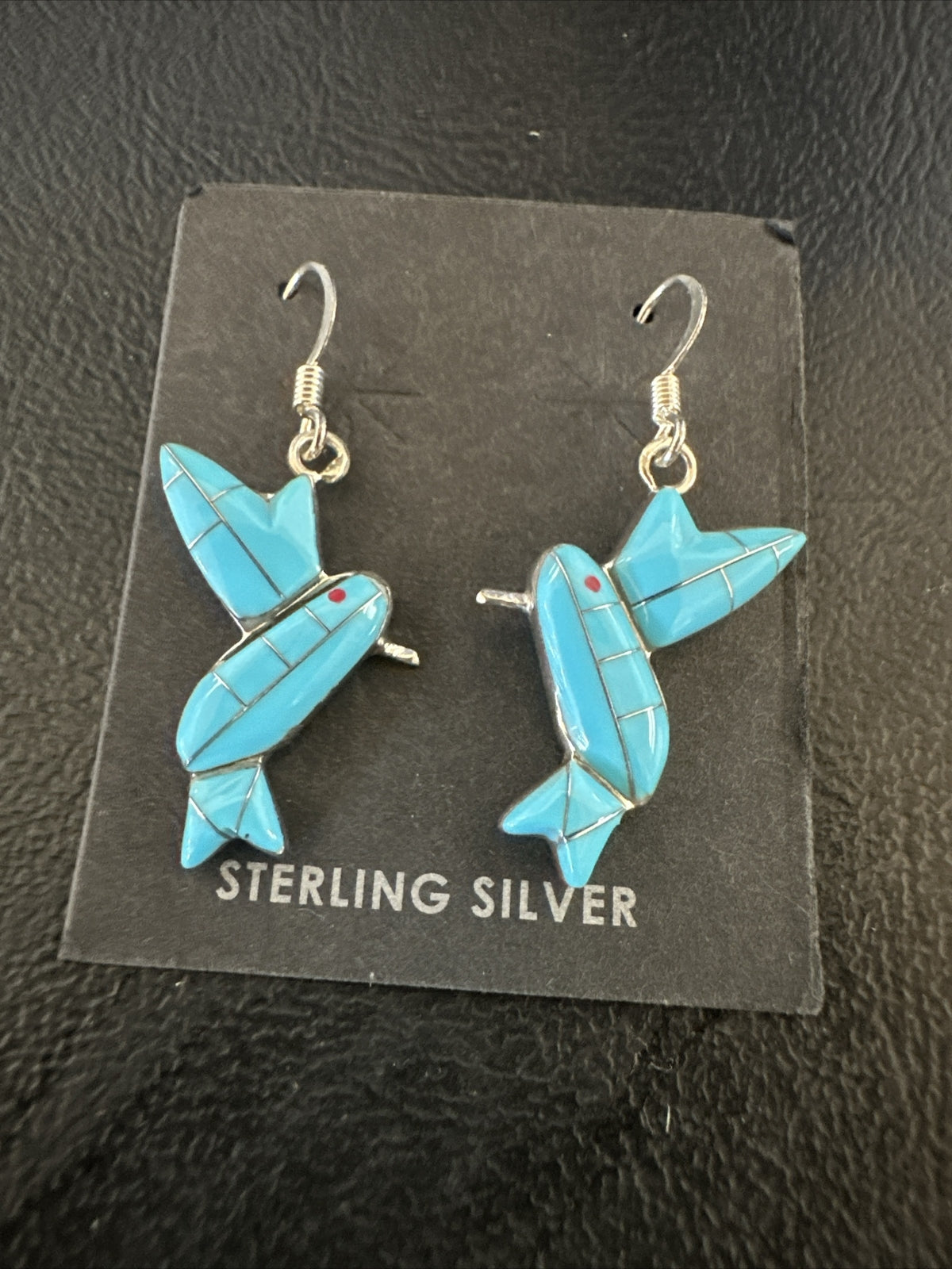 Blue Turquoise Navajo Sterling Silver Hummingbird Dangle Earrings 1424