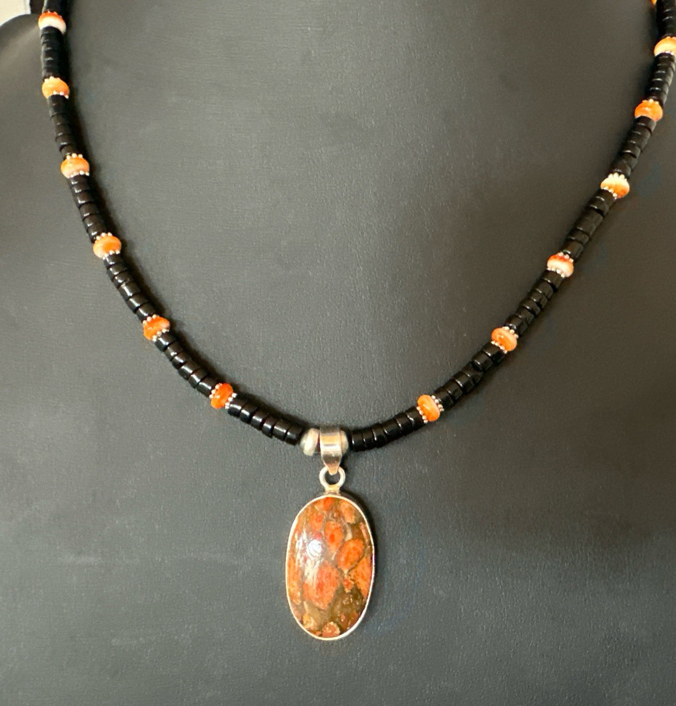 Orange Spiny Black Onyx Navajo Sterling Silver Pendant Necklace 20” 19638
