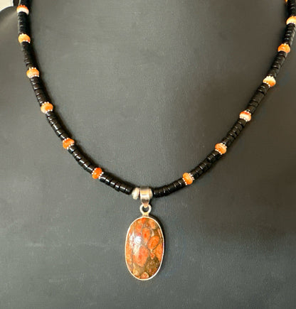 Orange Spiny Black Onyx Navajo Sterling Silver Pendant Necklace 20” 19638
