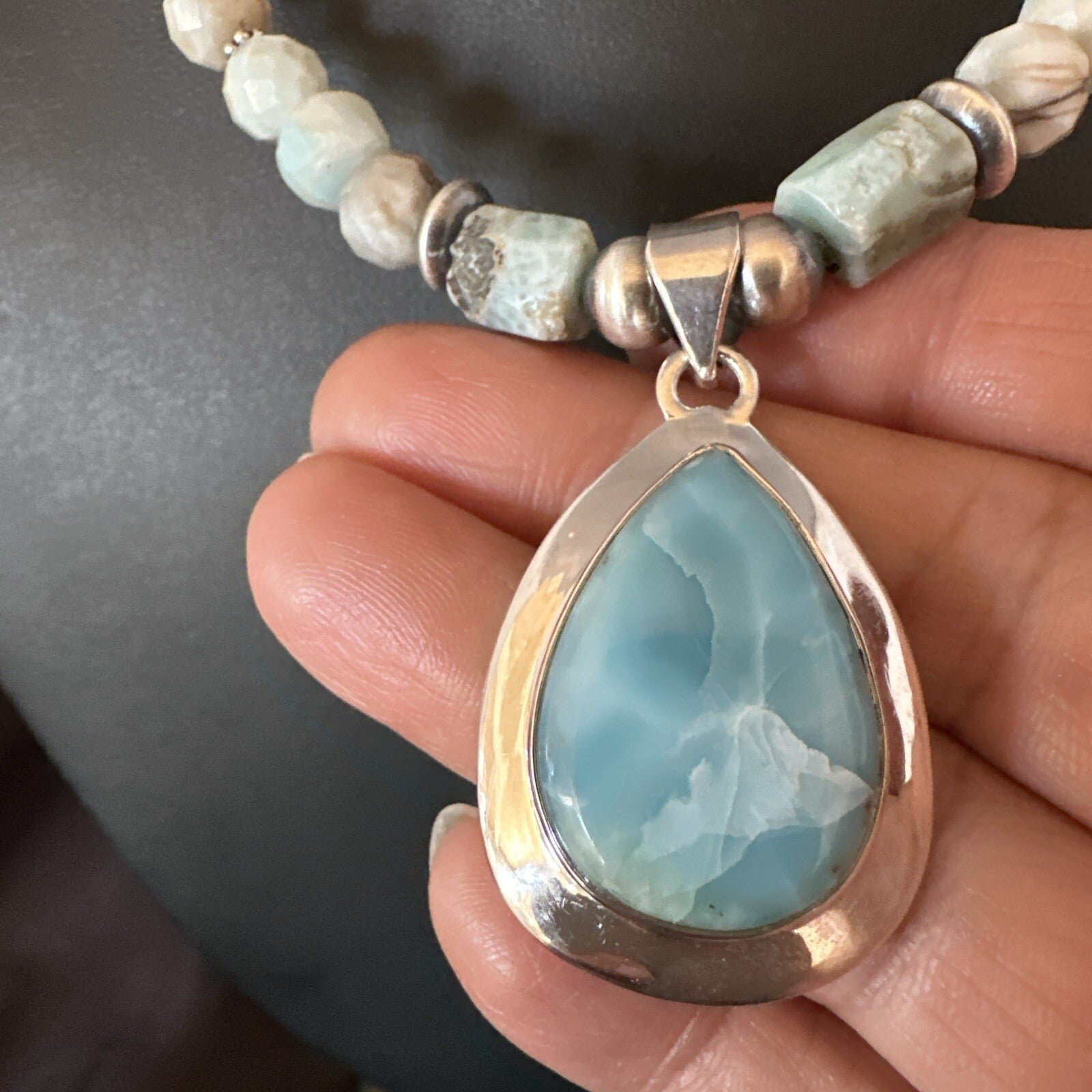 Blue Larimar Pendant Navajo Sterling Silver Natural Necklace 21" 17760