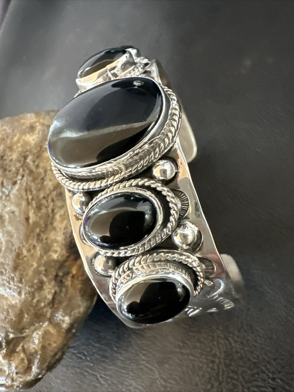 Men's Navajo Black Onyx Cuff Bracelet 5 Stone | Sterling Silver | Authentic Native American Handmade | 18018