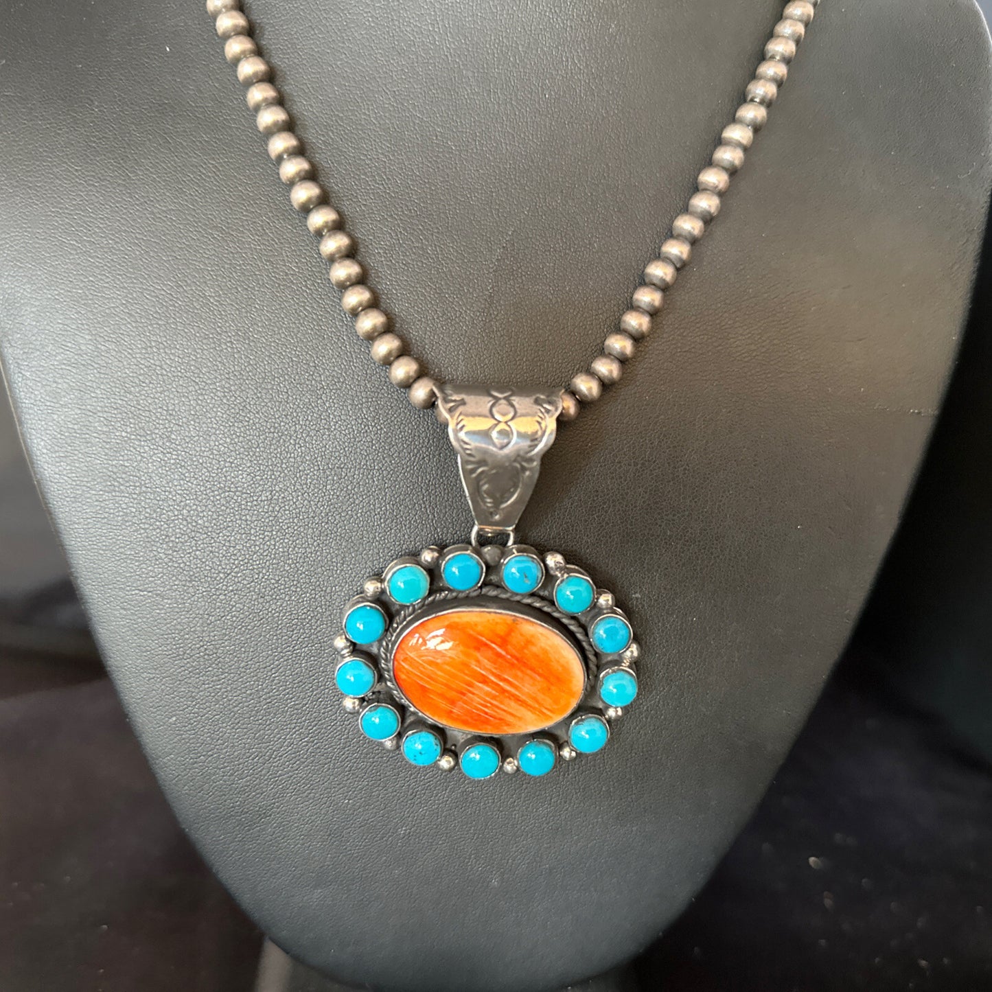 Blue Cluster Kingman Turquoise Sterling Orange Spiny Oyster Pendant 14353