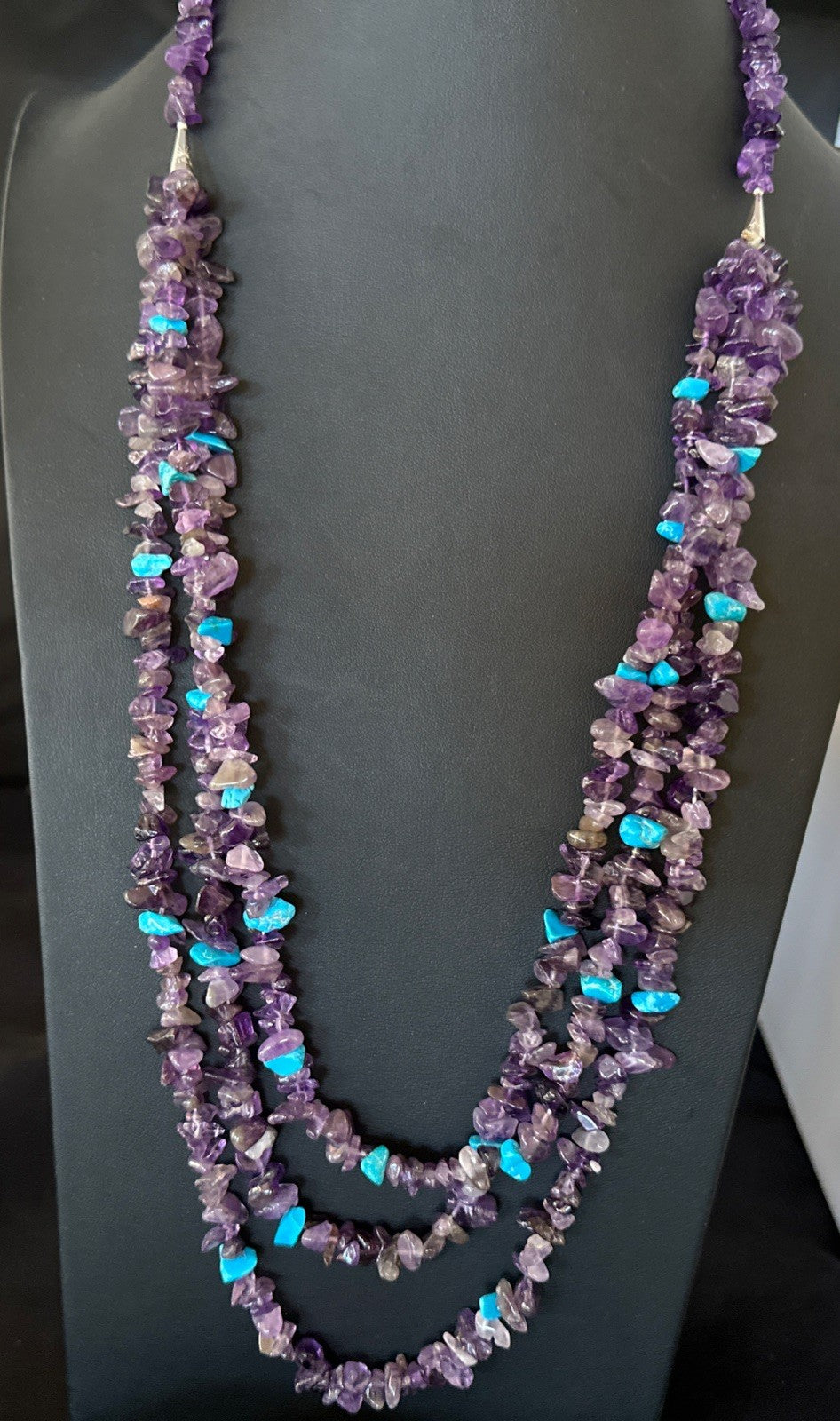 Sterling NAVAJO Purple Amethyst Blue Turquoise 3S Silver Necklace 30” 19569
