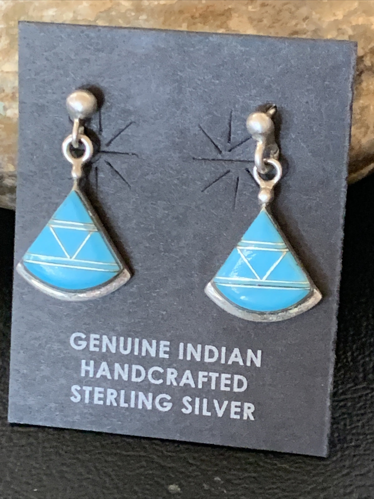 Blue Turquoise Inlay Zuni Sterling Silver Dangle Post Earrings 1" 12747