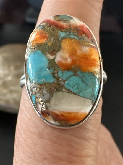 Blue Turquoise Orange Spiny Oyster Navajo Sterling Silver Ring Size 10 18207