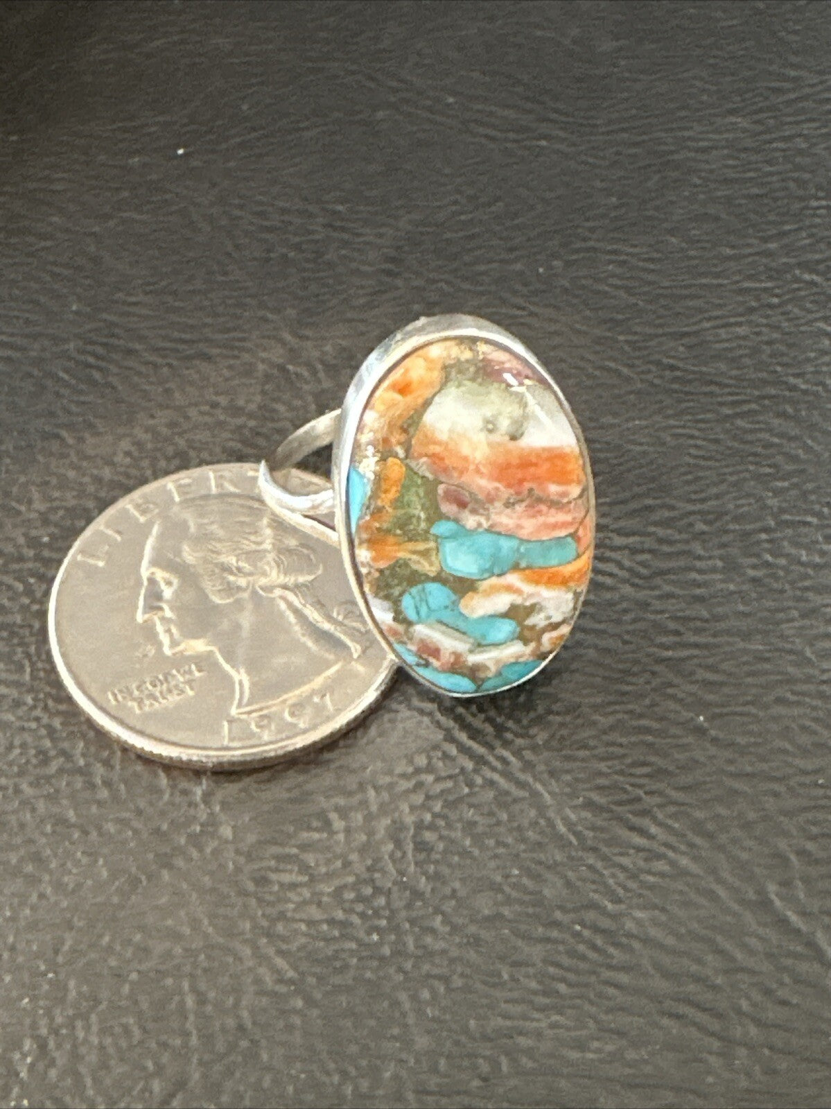 Blue Turquoise Orange Spiny Oyster Navajo Sterling Silver Ring Size 10 18208