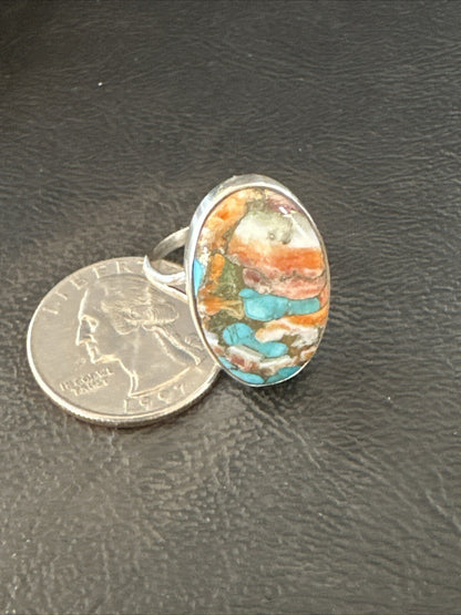 Blue Turquoise Orange Spiny Oyster Navajo Sterling Silver Ring Size 10 18208