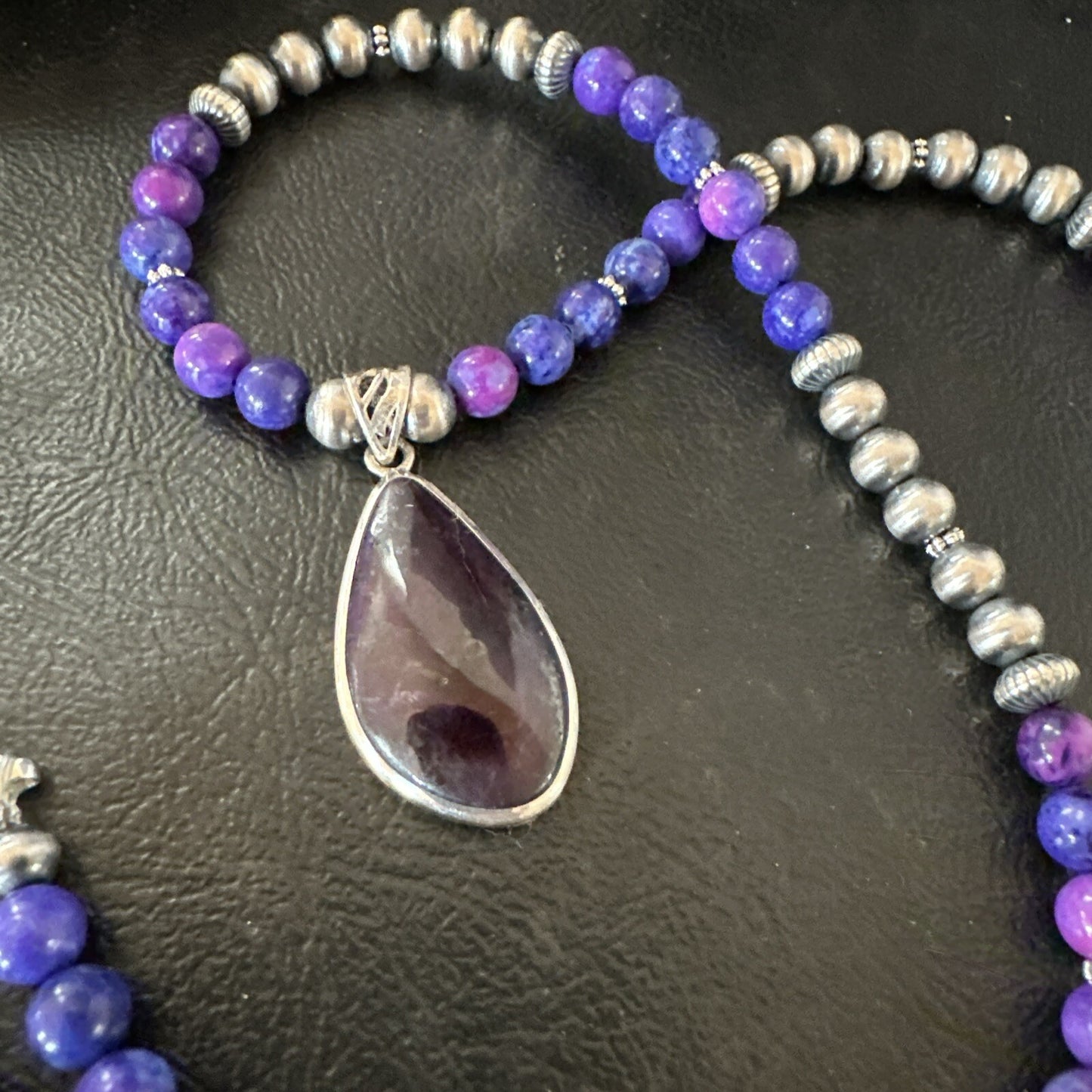 Purple Stone Pendant Navajo Pearls Sterling Silver Necklace 23" 17893