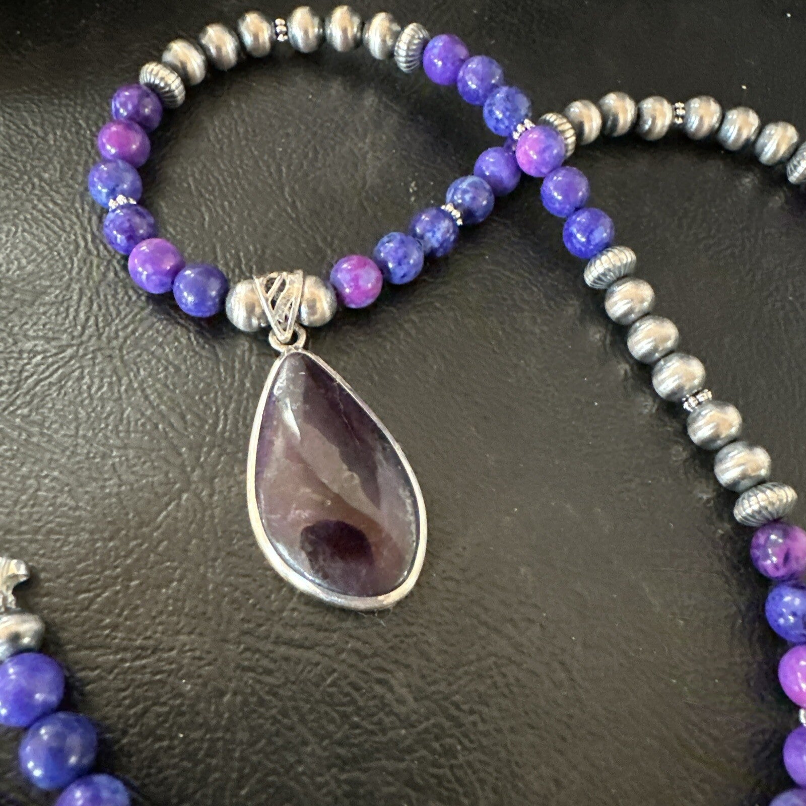 Purple Stone Pendant Navajo Pearls Sterling Silver Necklace 23" 17893