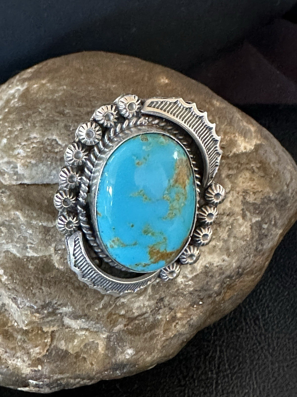 Mens Blue Kingman Turquoise Navajo Sterling Silver Adjustable Ring Size 9 19417