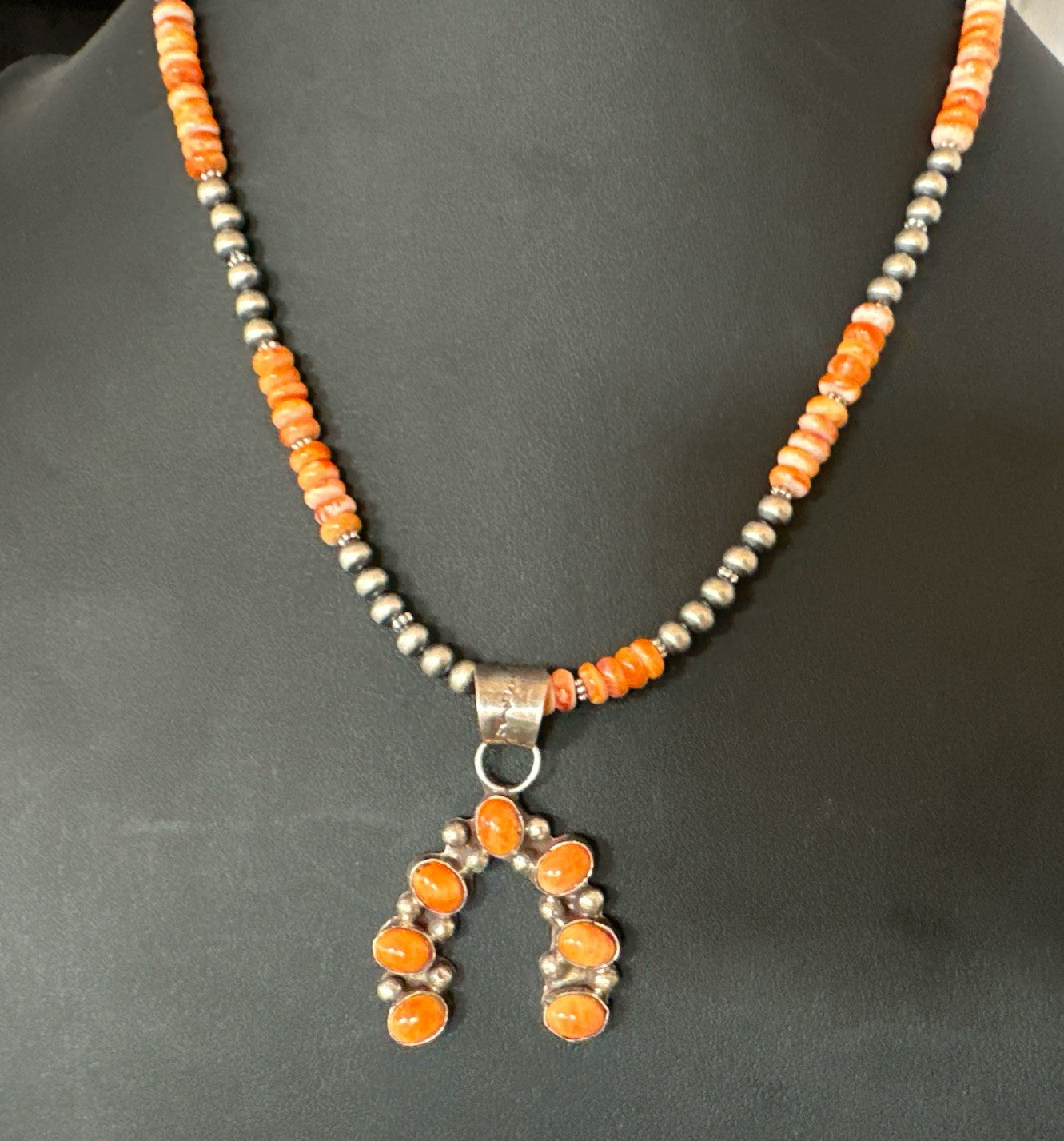 Navajo Pearls Sterling Necklace Orange Spiny Oyster Cluster Naja Pendant 19552