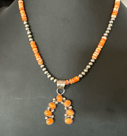 Navajo Pearls Sterling Necklace Orange Spiny Oyster Cluster Naja Pendant 19552