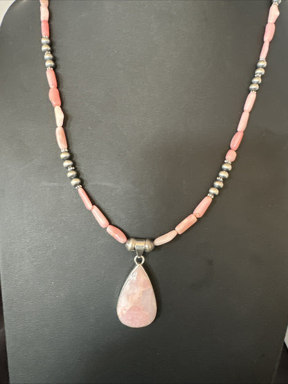 Southwestern Sterling Silver Pink Coral Bead Necklace Quartz Pendant 24" 19587