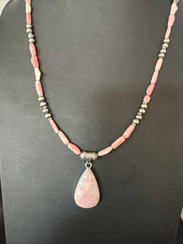 Southwestern Pink Coral Bead Necklace Quartz Pendant 24" | Sterling Silver | Authentic Native American Handmade | 19587