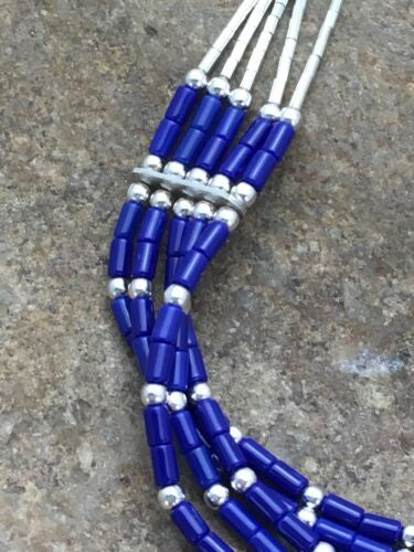 Navajo Lapis Heishi Bracelet Sterling Liquid Silver 5-Strand 7" 2934