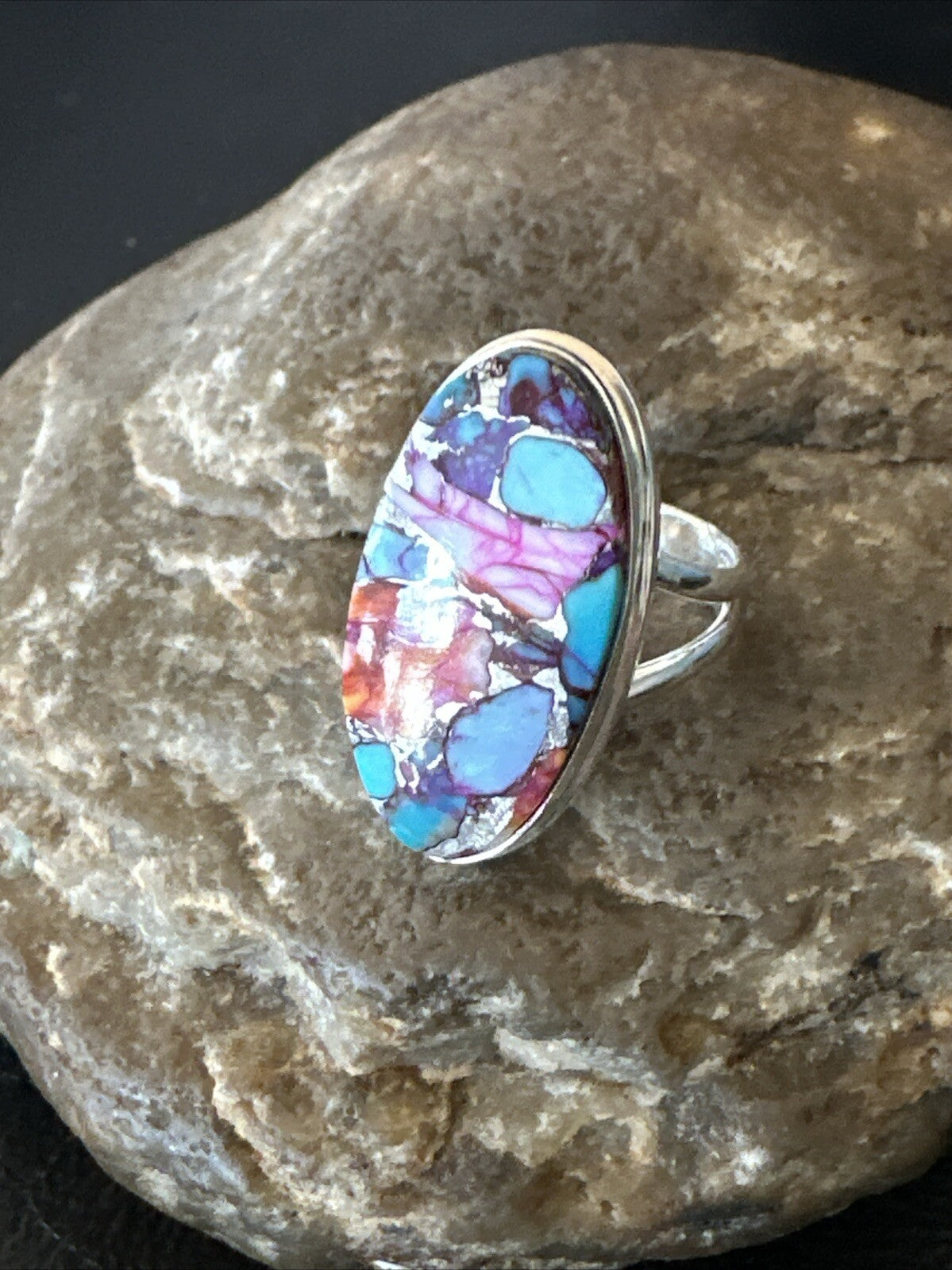 Blue Turquoise Spiny Oyster Southwestern Sterling Silver Ring Size 7 18432