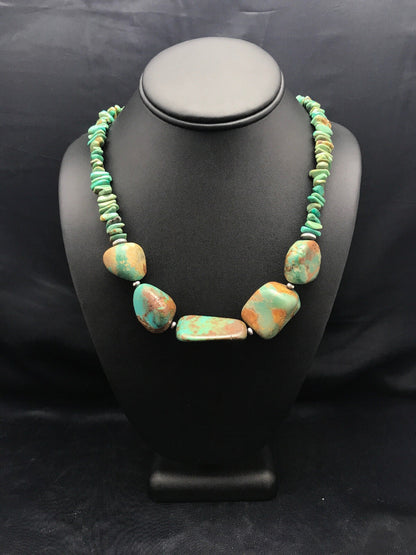 Chunky Green Nugget Turquoise Navajo Sterling Silver Necklace 23" 3216