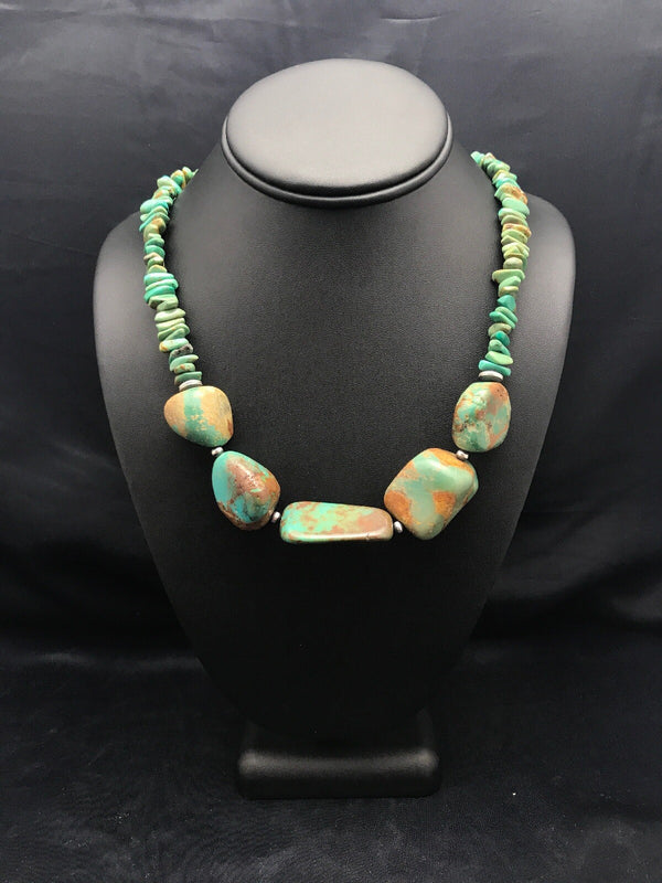 Chunky Green Nugget Turquoise Navajo Necklace 23" | Sterling Silver | Authentic Native American Handmade | 3216