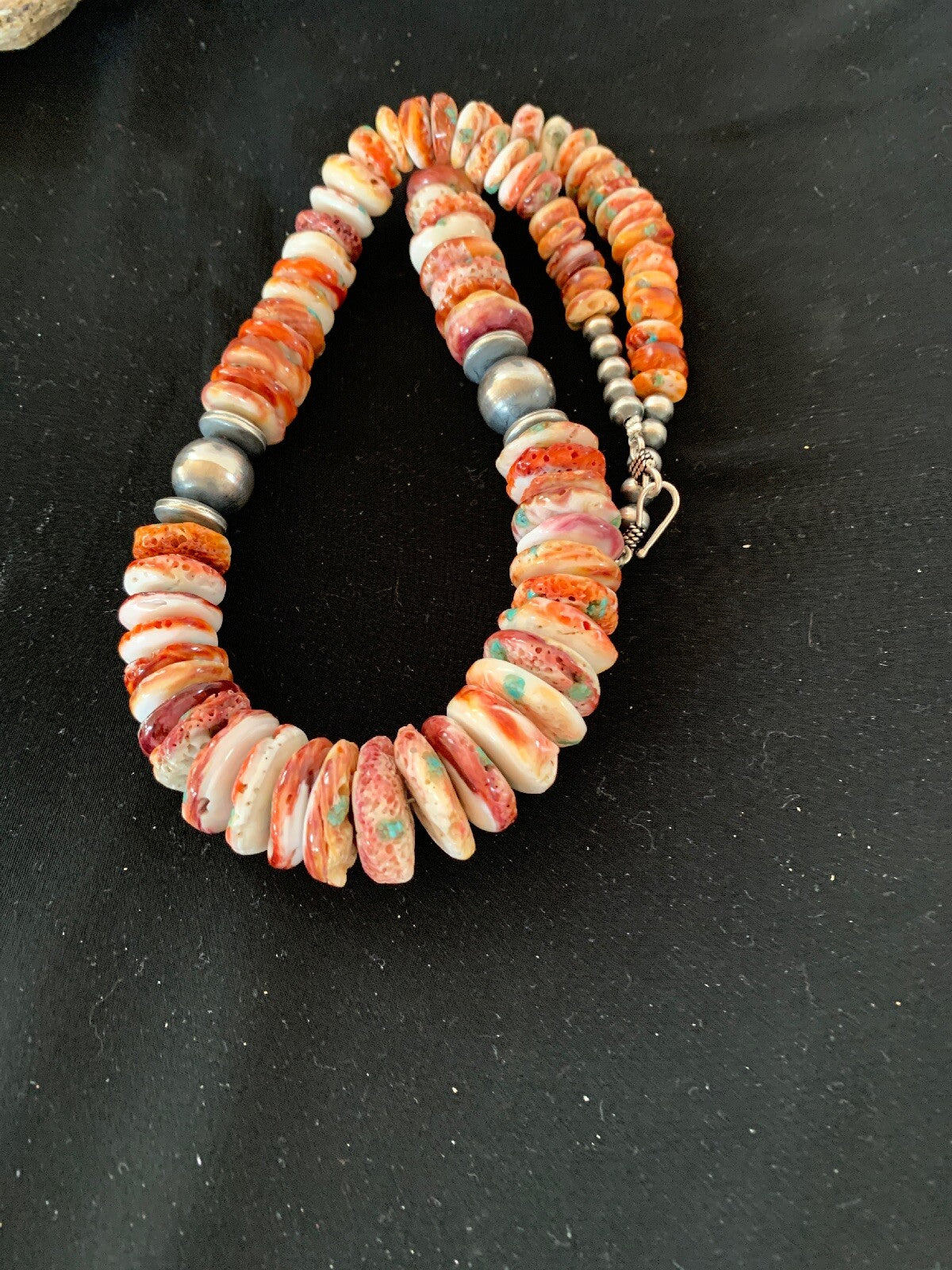 Native Red Spiny Oyster Navajo Pearls Sterling Silver Necklace 20" 03242